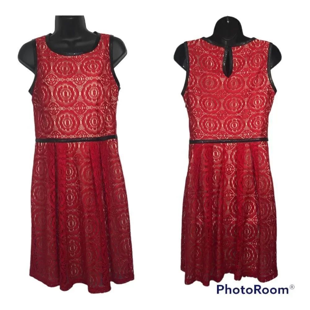 Red Lace Dress with Faux Leather Accents Size 10